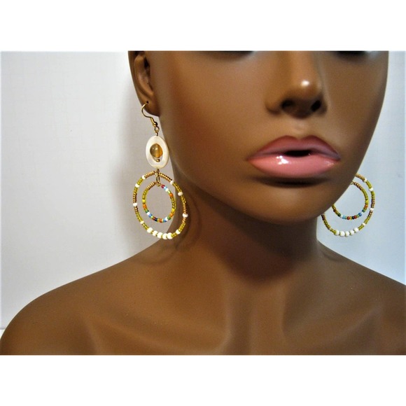 Mother of Pearl Glass beaded BOHO Dangle Hoop Earrings 2.5 in long - Picture 4 of 6